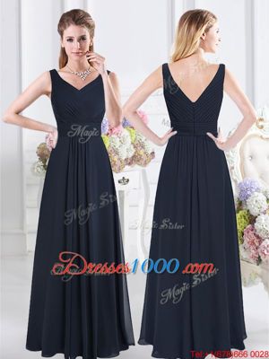 Navy Blue V-neck Zipper Ruching Bridesmaids Dress Sleeveless