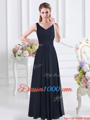 Navy Blue V-neck Zipper Ruching Bridesmaids Dress Sleeveless