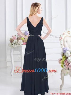 Navy Blue V-neck Zipper Ruching Bridesmaids Dress Sleeveless