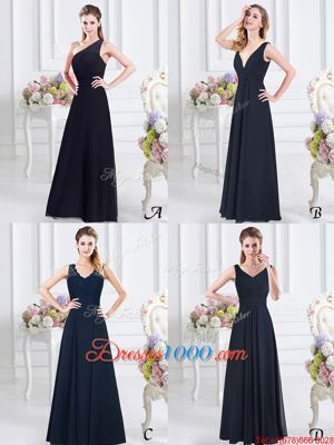 Navy Blue V-neck Zipper Ruching Bridesmaids Dress Sleeveless