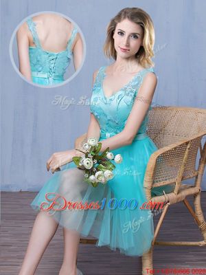 Discount Aqua Blue Sleeveless Knee Length Lace and Appliques and Bowknot Lace Up Dama Dress for Quinceanera