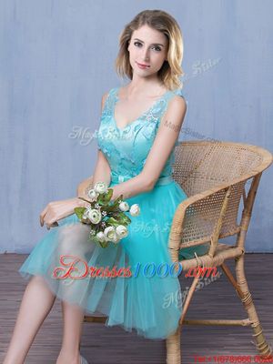 Discount Aqua Blue Sleeveless Knee Length Lace and Appliques and Bowknot Lace Up Dama Dress for Quinceanera