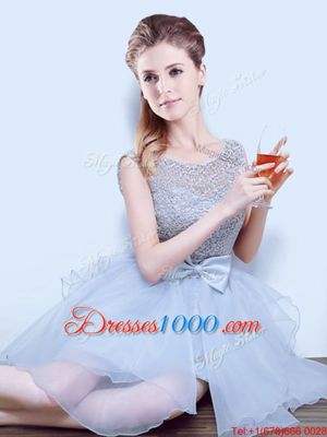 Eye-catching Scoop Lace and Ruffles and Ruffled Layers and Bowknot Bridesmaid Dresses Grey Lace Up Sleeveless Mini Length
