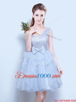 Eye-catching Scoop Lace and Ruffles and Ruffled Layers and Bowknot Bridesmaid Dresses Grey Lace Up Sleeveless Mini Length