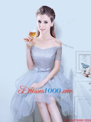 Attractive Off the Shoulder Short Sleeves Organza Asymmetrical Lace Up Dama Dress for Quinceanera in Grey for with Lace and Ruffles and Bowknot