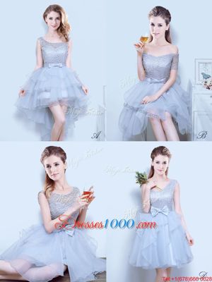 Attractive Off the Shoulder Short Sleeves Organza Asymmetrical Lace Up Dama Dress for Quinceanera in Grey for with Lace and Ruffles and Bowknot