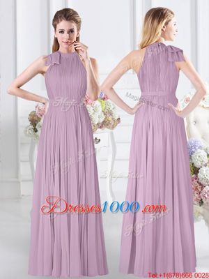 Nice Lavender Chiffon Zipper Bridesmaid Gown Sleeveless Floor Length Ruching