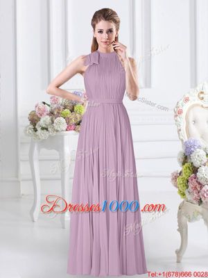 Nice Lavender Chiffon Zipper Bridesmaid Gown Sleeveless Floor Length Ruching