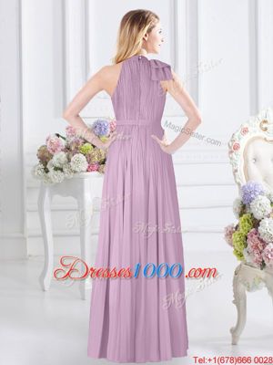 Nice Lavender Chiffon Zipper Bridesmaid Gown Sleeveless Floor Length Ruching
