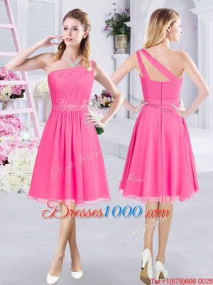 Gorgeous Knee Length Hot Pink Dama Dress for Quinceanera One Shoulder Sleeveless Zipper