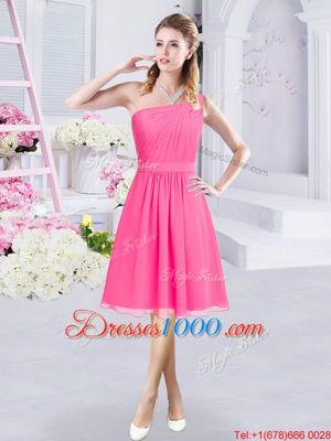 Gorgeous Knee Length Hot Pink Dama Dress for Quinceanera One Shoulder Sleeveless Zipper