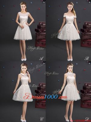 A-line Wedding Guest Dresses Champagne Off The Shoulder Lace Sleeveless Knee Length Lace Up
