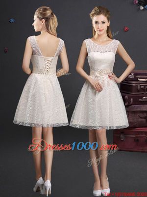 A-line Wedding Guest Dresses Champagne Off The Shoulder Lace Sleeveless Knee Length Lace Up