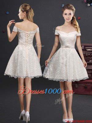 A-line Wedding Guest Dresses Champagne Off The Shoulder Lace Sleeveless Knee Length Lace Up