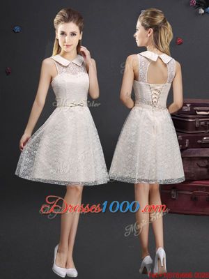 A-line Wedding Guest Dresses Champagne Off The Shoulder Lace Sleeveless Knee Length Lace Up