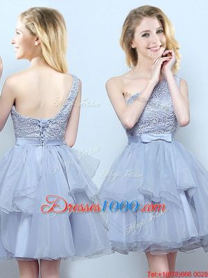 One Shoulder Mini Length Grey Wedding Guest Dresses Organza Sleeveless Lace and Ruffles and Belt