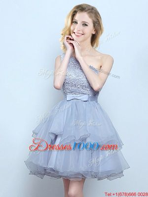One Shoulder Mini Length Grey Wedding Guest Dresses Organza Sleeveless Lace and Ruffles and Belt
