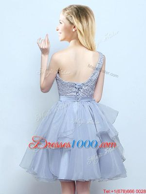 One Shoulder Mini Length Grey Wedding Guest Dresses Organza Sleeveless Lace and Ruffles and Belt