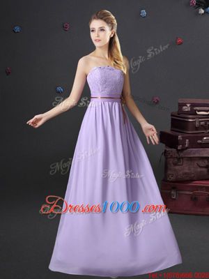 Flirting Lavender Sleeveless Floor Length Lace and Belt Lace Up Bridesmaid Gown