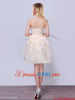 Artistic Champagne A-line Lace and Ruffles and Belt Dama Dress for Quinceanera Lace Up Organza Sleeveless Mini Length