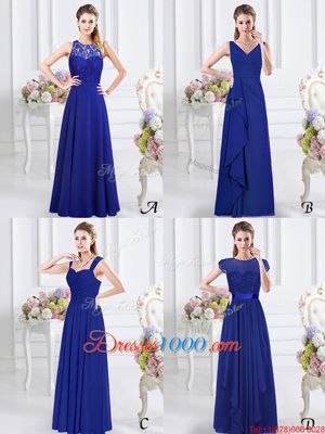 Simple Royal Blue Sleeveless Lace and Ruffles and Ruching Floor Length Wedding Guest Dresses