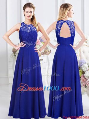 Simple Royal Blue Sleeveless Lace and Ruffles and Ruching Floor Length Wedding Guest Dresses