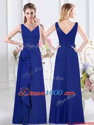 Simple Royal Blue Sleeveless Lace and Ruffles and Ruching Floor Length Wedding Guest Dresses