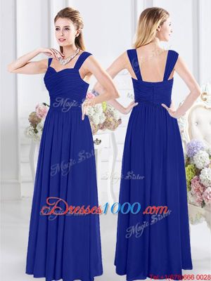 Simple Royal Blue Sleeveless Lace and Ruffles and Ruching Floor Length Wedding Guest Dresses