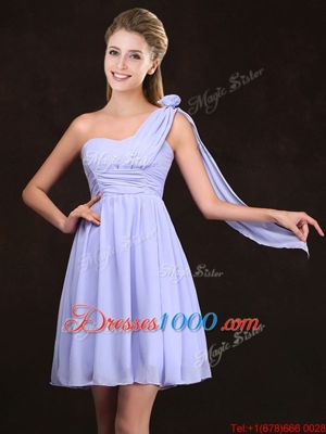 One Shoulder Mini Length Zipper Quinceanera Dama Dress Lavender and In for Prom and Party and Wedding Party with Ruching and Hand Made Flower