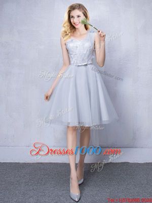 Modern Grey One Shoulder Neckline Lace and Appliques and Belt Damas Dress Sleeveless Lace Up