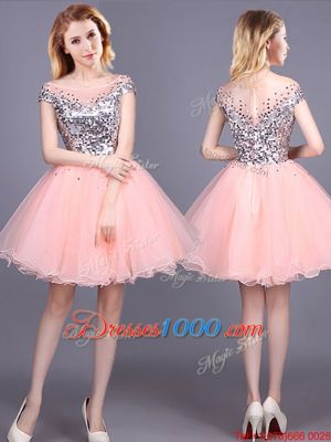Sequins Off The Shoulder Short Sleeves Zipper Wedding Party Dress Pink Tulle
