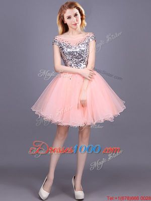 Sequins Off The Shoulder Short Sleeves Zipper Wedding Party Dress Pink Tulle