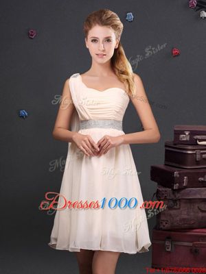 Chiffon Sleeveless Zipper Ruffles and Sequins and Ruching and Bowknot and Hand Made Flower Vestidos de Damas in Champagne