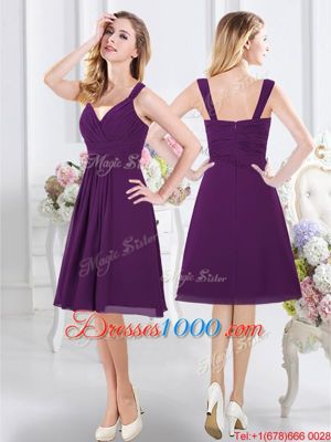 Fashionable Purple Sleeveless Knee Length Ruching Zipper Wedding Party Dress