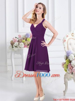 Fashionable Purple Sleeveless Knee Length Ruching Zipper Wedding Party Dress