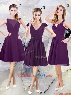 Fashionable Purple Sleeveless Knee Length Ruching Zipper Wedding Party Dress