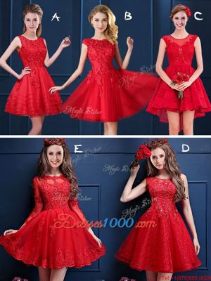 Flare Scoop Mini Length Lace Up Bridesmaids Dress Red and In for Prom and Party and Wedding Party with Lace and Appliques