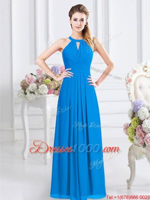 Baby Blue Empire Halter Top Sleeveless Chiffon Floor Length Zipper Ruching Dama Dress for Quinceanera