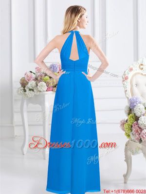 Baby Blue Empire Halter Top Sleeveless Chiffon Floor Length Zipper Ruching Dama Dress for Quinceanera