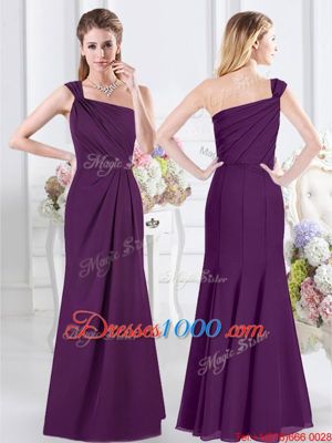 One Shoulder Purple Sleeveless Floor Length Ruching Side Zipper Dama Dress