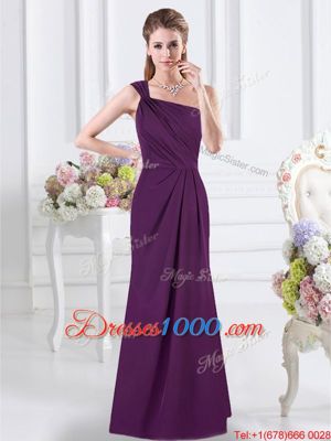 One Shoulder Purple Sleeveless Floor Length Ruching Side Zipper Dama Dress