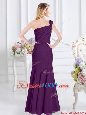 One Shoulder Purple Sleeveless Floor Length Ruching Side Zipper Dama Dress