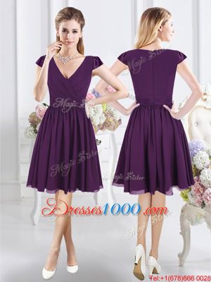 Glorious Purple V-neck Neckline Ruching Vestidos de Damas Cap Sleeves Zipper