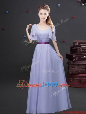 Beautiful Square Lavender Short Sleeves Ruching and Belt Floor Length Quinceanera Dama Dress