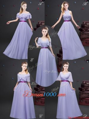 Beautiful Square Lavender Short Sleeves Ruching and Belt Floor Length Quinceanera Dama Dress