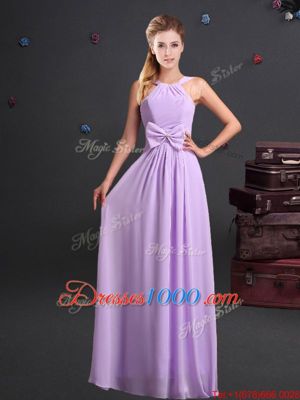 Admirable Halter Top Lavender Sleeveless Ruching and Bowknot Floor Length Court Dresses for Sweet 16