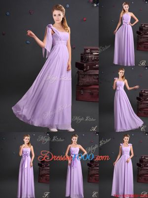 One Shoulder Floor Length Lavender Damas Dress Chiffon Sleeveless Ruching and Bowknot and Hand Made Flower