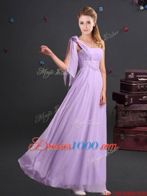 One Shoulder Floor Length Lavender Damas Dress Chiffon Sleeveless Ruching and Bowknot and Hand Made Flower