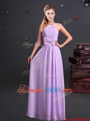 One Shoulder Floor Length Lavender Damas Dress Chiffon Sleeveless Ruching and Bowknot and Hand Made Flower