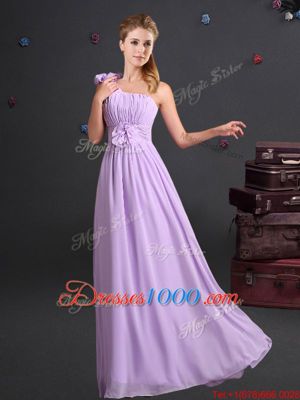 One Shoulder Floor Length Lavender Damas Dress Chiffon Sleeveless Ruching and Bowknot and Hand Made Flower